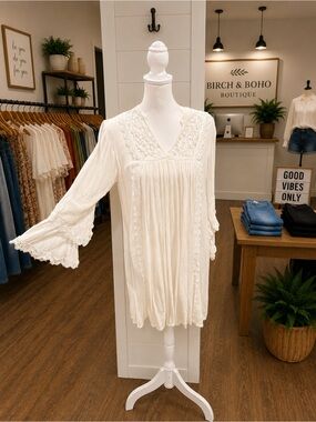 JGEE White Lace Boho Tunic Dress Medium Bell Sleeve Rayon